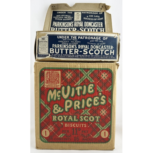 284 - ADVERTISING DUO. Largest 9 x 10ins. MC VITIE & PRICES BISCUITS plus PARKINSONS BUTTER SCOTCH boxes. ... 