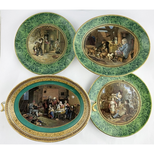 288 - PRATT WARE PLATE GROUP. Largest 13.5 x 9ins. Malachite dessert service, 2 plates & 2 on footed stand... 