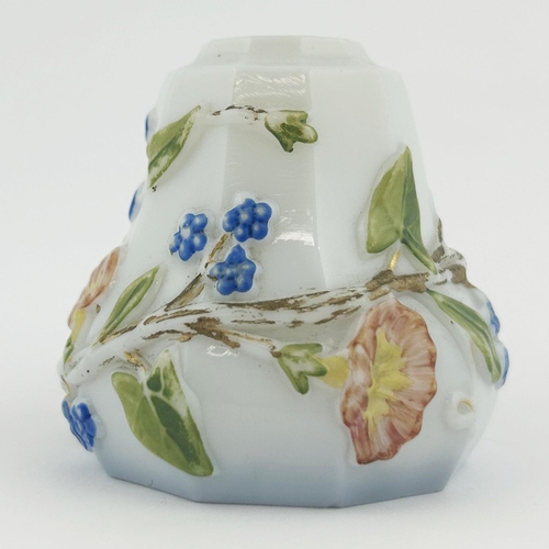 327 - PORCELAIN FLORAL INKWELL. 2.5ins tall. Milk coloured glass with coloured floral designs all around. ... 