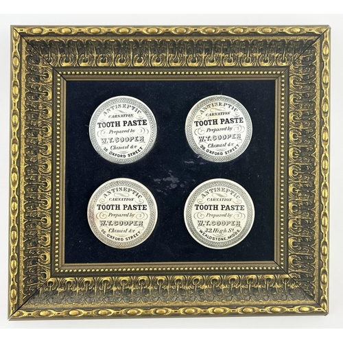 331 - FRAMED ANTISEPTIC TOOTH PASTE POT LIDS. Frame 11.5 x 10.5ins. WT COOPER. OXFORD & MIDDS. Damages.