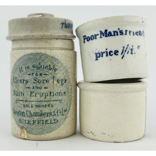 340 - OINTMENT POT GROUP. Largest 2.5ins. Inc. SHEFFIELD, CLARKES, BRIDPORT & SINGLETONS EYE OINTMENT. Dam... 