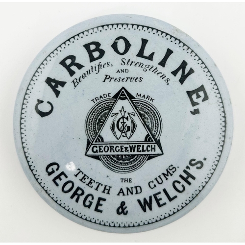 341 - GEORGE & WELCHS CARBOLINE POT LID. 3.25ins diam. Blue lid, black transfer, t.m. to centre. Under edg... 