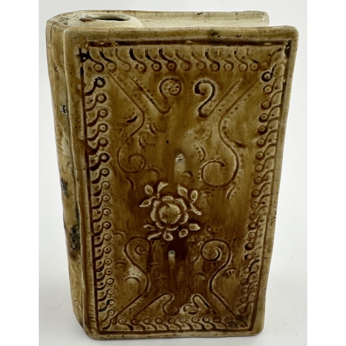 346 - EARLY BOOK DRINK FLASK. 6.1 ins tall. Book shaped flask, t.t. stoneware, top neck opening. Detailed ... 