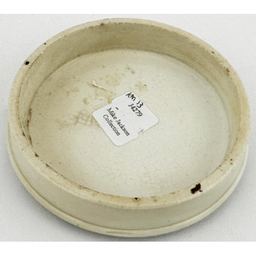 353 - SHOOTING BEARS PRATT POT LID. (KM 13) 3.5ins diam. Multicoloured, fancy border. Minor rim chip. Mike... 