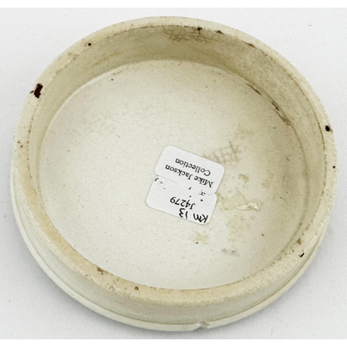 353 - SHOOTING BEARS PRATT POT LID. (KM 13) 3.5ins diam. Multicoloured, fancy border. Minor rim chip. Mike... 