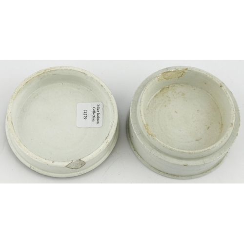 356 - BEAR PIT PRATT POT LID & BASE. (KM 6) 3ins diam. Multi coloured crisp transfer. Chips to both lid & ... 