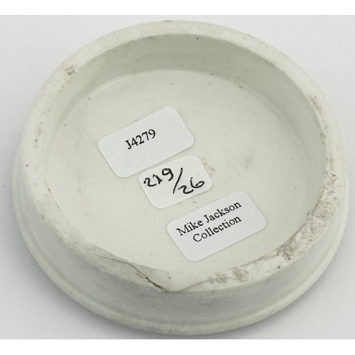 359 - LANCASTER POT LID. (APL pg 218, 26) 2.5ins diam. Black crisp transfer. BAGNALL & WILCOCK CHEMISTS/ C... 