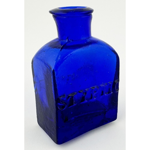 374 - RUSPINIS STYPTIC BOTTLE. 3 ins tall. Very early cobalt blue, squat rectangular body, round shoulders... 