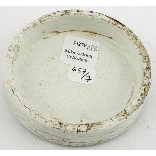 383 - WORCESTER POT LID. (APL pg 657, 7) 2.6ins diam. Simplest of the two lids known. BARBOURNE PHARMACY W... 