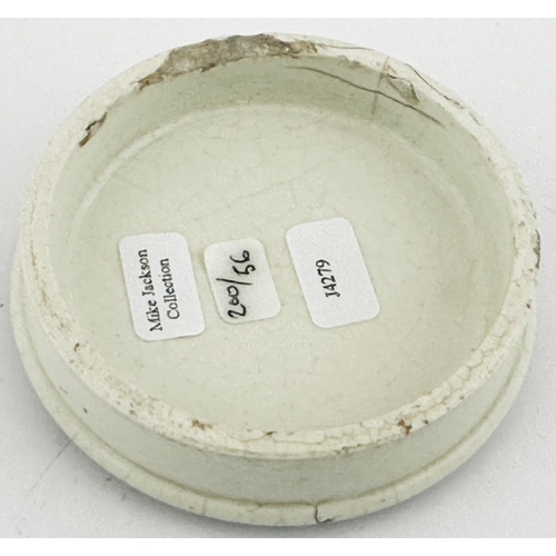 385 - DUBLIN POT LID. (APL pg 200, 56) 2.9ins diam. Good black transfer with clear aztec style border. COL... 