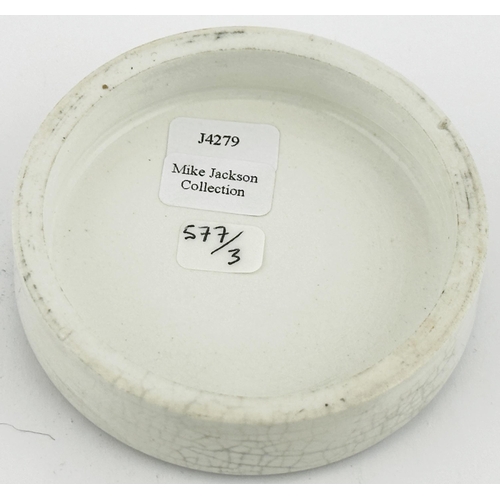 386 - SHAFFORD POT LID. (APL pg 577, 3a) 2.8ins diam. Black transfer with aztec border around two solid li... 