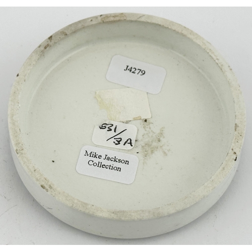 387 - LEAMINGTON POT LID. (APL pg 631, 3a) 2.75ins diam. Black transfer with two solid borders one wider w... 