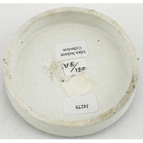 387 - LEAMINGTON POT LID. (APL pg 631, 3a) 2.75ins diam. Black transfer with two solid borders one wider w... 