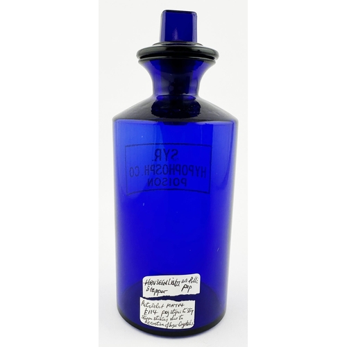 398 - PHARMACY SHOP ROUND BOTTLE. DP p155. 7.9ins tall. Vivid bright cobalt blue glass. Engraved letters &... 