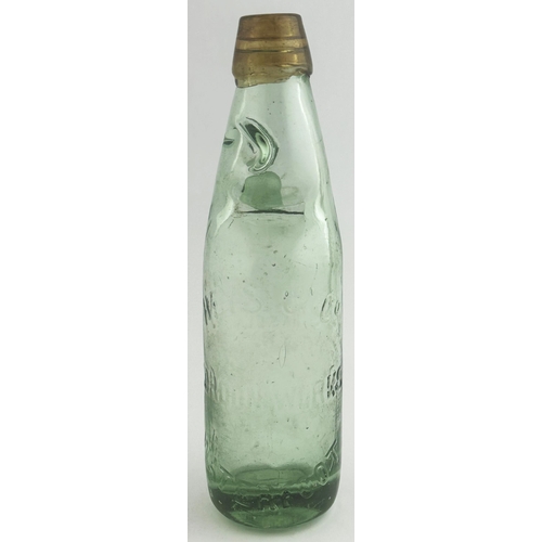 409 - WATERFOOT AMBER LIP CODD BOTTLE. 9ins tall, 10oz capacity, swirly amber lip. Front embossed HEYS & C... 