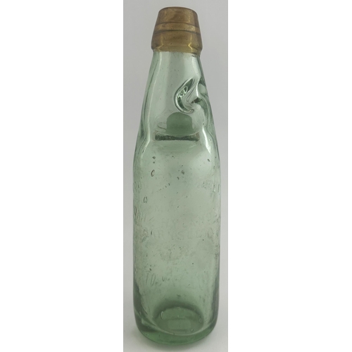 409 - WATERFOOT AMBER LIP CODD BOTTLE. 9ins tall, 10oz capacity, swirly amber lip. Front embossed HEYS & C... 