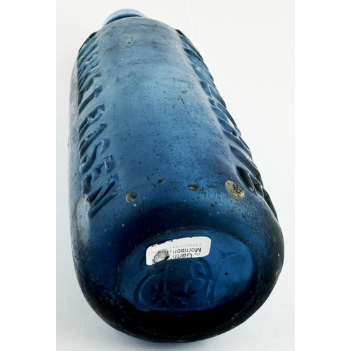 411 - W HOLGATE MARKET RASEN BULLET STOPPER BOTTLE. 8.2ins tall, 10oz capacity, light to mid blue glass. T... 