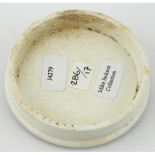 417 - LONDON & PARIS POT LID. (APL pg 286, 17) 2.4ins diam. Black transfer, dot border. DECKERS/ SULPHUR/ ... 