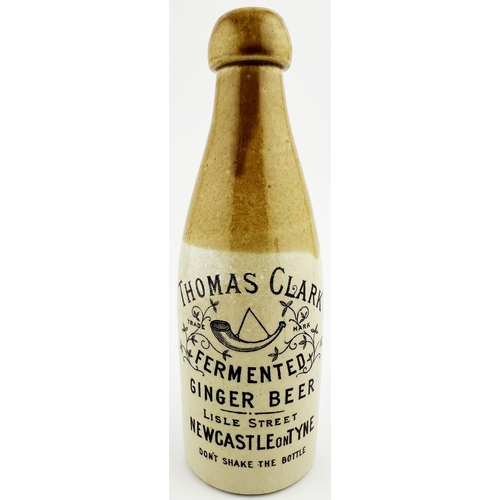 424 - THOMAS CLARK NEWCASTLE ON TYNE GINGER BEER BOTTLE. 8ins tall, ch., t.t., blob top. Revered North Eas... 