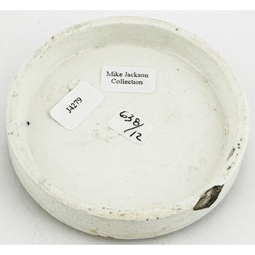 443 - EDGBASTON POT LID. (APL pg 639, 12) 2.9ins diam. Black transfer, several lines of writing, gold oute... 