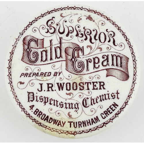 492 - TURNHAM GREEN COLD CREAM POT LID. (APL pg 592, 42a) 2.5ins diam. Strong purple print. JR WOOSTER/ 4 ... 