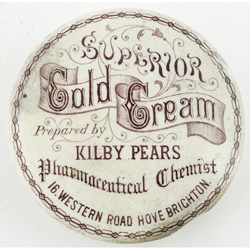 493 - BRIGHTON COLD CREAM POT LID. (APL pg 592, 42a) 2.5ins diam. Purple print, lighter than last. KILBY P... 