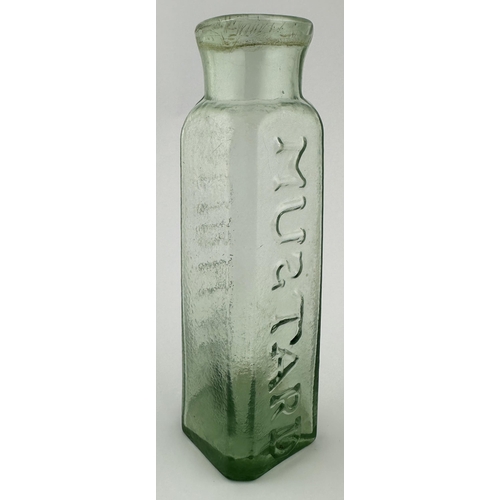 448 - DURHAM MUSTARD BOTTLE. 5.6ins tall. Delightful smokey aqua coloured glass utility, crude rolled lip.... 