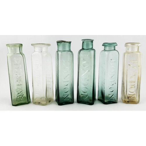 448 - DURHAM MUSTARD BOTTLE. 5.6ins tall. Delightful smokey aqua coloured glass utility, crude rolled lip.... 