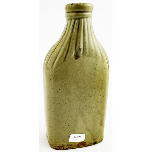 454 - LEICESTER SLAB SEALED BOTTLE. 5.9 ins tall. Delightful diminutive size grey green slip glazed rib ne... 