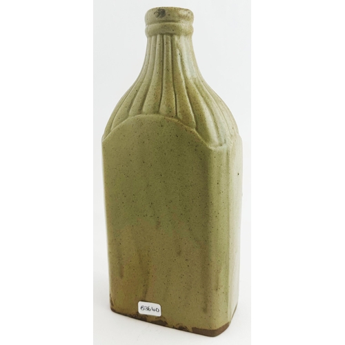 455 - NEWARK SLAB SEALED BOTTLE. 9 ins tall. A rather superb larger size grey green slip glaze, rib necked... 