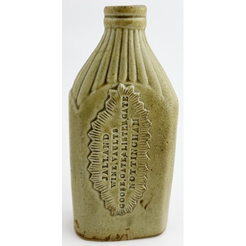 457 - NOTTINGHAM SLAB SEALED BOTTLE. 7 ins tall. Medium size slip glazed rib necked flask, double collar l... 