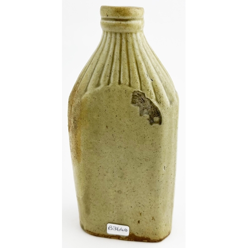 457 - NOTTINGHAM SLAB SEALED BOTTLE. 7 ins tall. Medium size slip glazed rib necked flask, double collar l... 