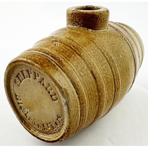 463 - LONDON BARREL SHAPE HIP FLASK. 3.9 ins tall. Dinky small size salt glaze barrel shape spirit flask, ... 