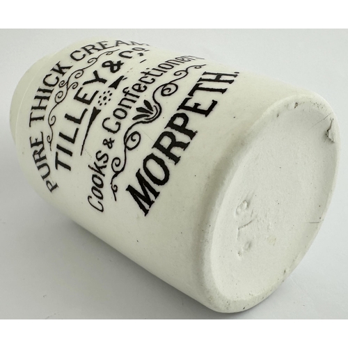 466 - TILLEY & CO MORPETH CREAM POT. 4ins tall. Strong dark brown transfer PURE THICK CREAM/ TILLEY & CO/ ... 