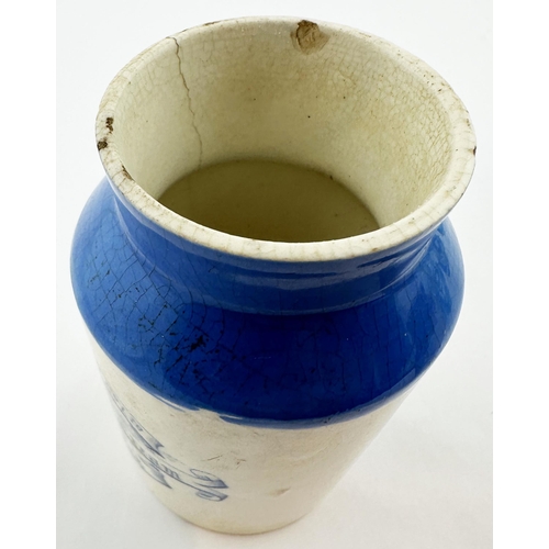 467 - EXPRESS DAIRY CO LTD CREAM POT. 4ins tall. Bright blue top, lower section white - some rusting, left... 