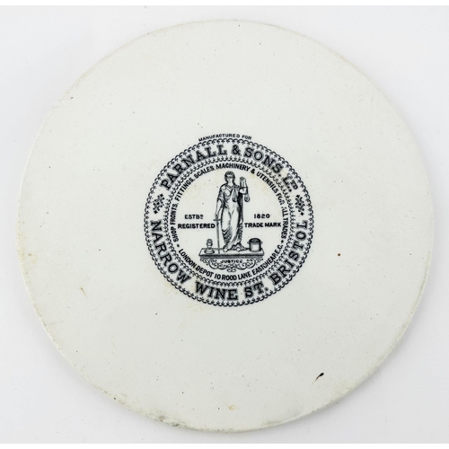 474 - BRISTOL SHOP SCALES PLATE. 8ins diam. Large scales of justice pictorial to centre, decorative outer ... 