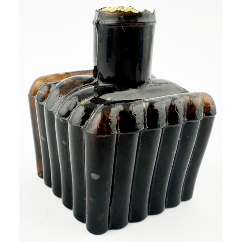 499 - FLUTED COLOURED INK BOTTLE. 2.6ins tall. Familiar square bodied sheared lip (1 minor in manufacture ... 