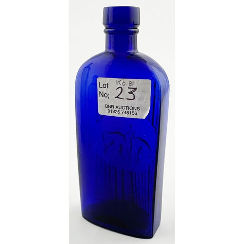 508 - CYONA POISON BOTTLE. 5.7ins tall. Deep/ bright cobalt blue glass, strap sided, oval base. Deeply emb... 