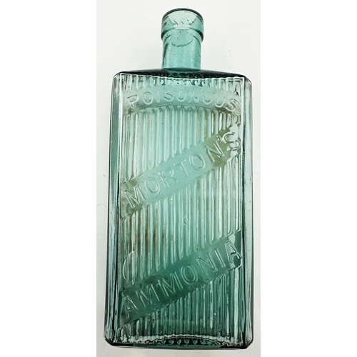 509 - MORTONS AMMONIA POISON BOTTLE. (DP p126). 8.1ins tall. A truly chunky deep aqua glass bottle. Rectan... 