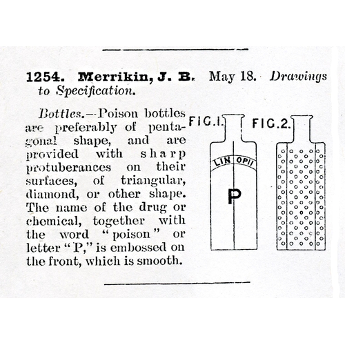 511 - MERRIKINS PENTAGON PATENT POISON BOTTLE. 4.3ins tall to stopper top. Cobalt blue, rear half plain, f... 