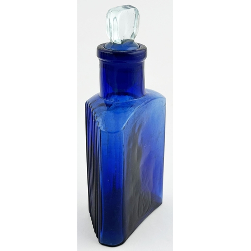 514 - TRIANGULAR POISON BOTTLE. 5ins tall. Cobalt glass. Triangular shape with rounded rear corners, 2 fro... 