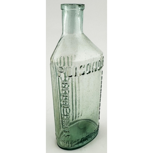 515 - REEVES PATENT POISON BOTTLE. 7.3ins tall, aqua glass. Offset neck (allows liquid discharge minus any... 