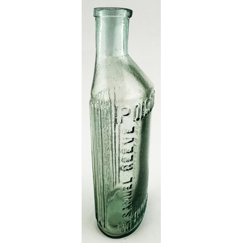 515 - REEVES PATENT POISON BOTTLE. 7.3ins tall, aqua glass. Offset neck (allows liquid discharge minus any... 