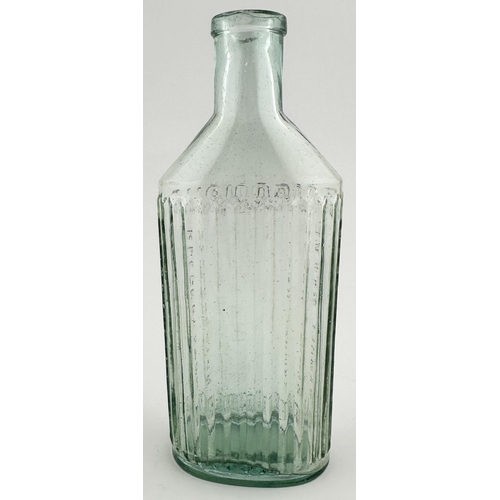 515 - REEVES PATENT POISON BOTTLE. 7.3ins tall, aqua glass. Offset neck (allows liquid discharge minus any... 