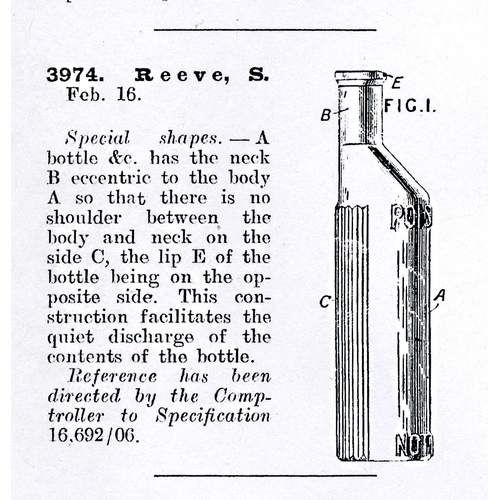 515 - REEVES PATENT POISON BOTTLE. 7.3ins tall, aqua glass. Offset neck (allows liquid discharge minus any... 