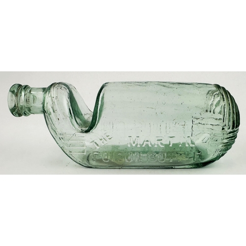 516 - MARTINS PATENT POISON BOTTLE. (DP pg 29) 6.6ins long, aqua glass u-bend shape, darker where thicker.... 