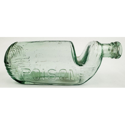 516 - MARTINS PATENT POISON BOTTLE. (DP pg 29) 6.6ins long, aqua glass u-bend shape, darker where thicker.... 