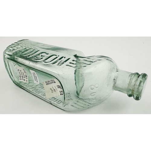 516 - MARTINS PATENT POISON BOTTLE. (DP pg 29) 6.6ins long, aqua glass u-bend shape, darker where thicker.... 