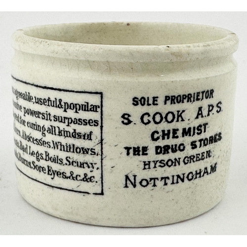 521 - COOKS CARBOLIC JELLY OINTMENT POT. OP p62. 1.5 ins tall. Squat, wide, pot encircled all round with d... 