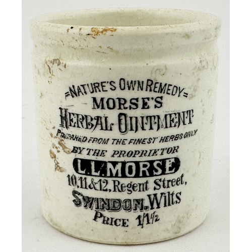 527 - MORSES HERBAL OINTMENT POT. OP p106. 1.8ins tall. The 1/1 1/2 size of this ornate Swindon pot. Some ... 